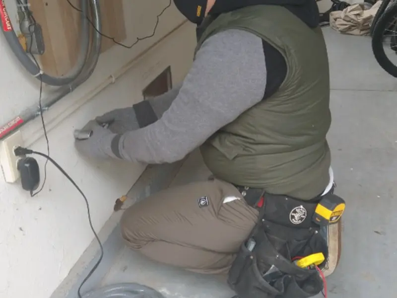 Electrician performing outlet wiring in a Earl garage